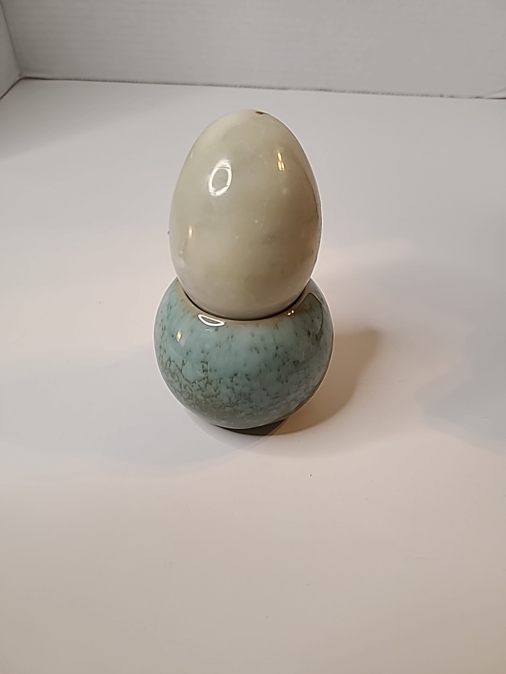 Ceramic Egg With Base- Cream and Seafoam Green